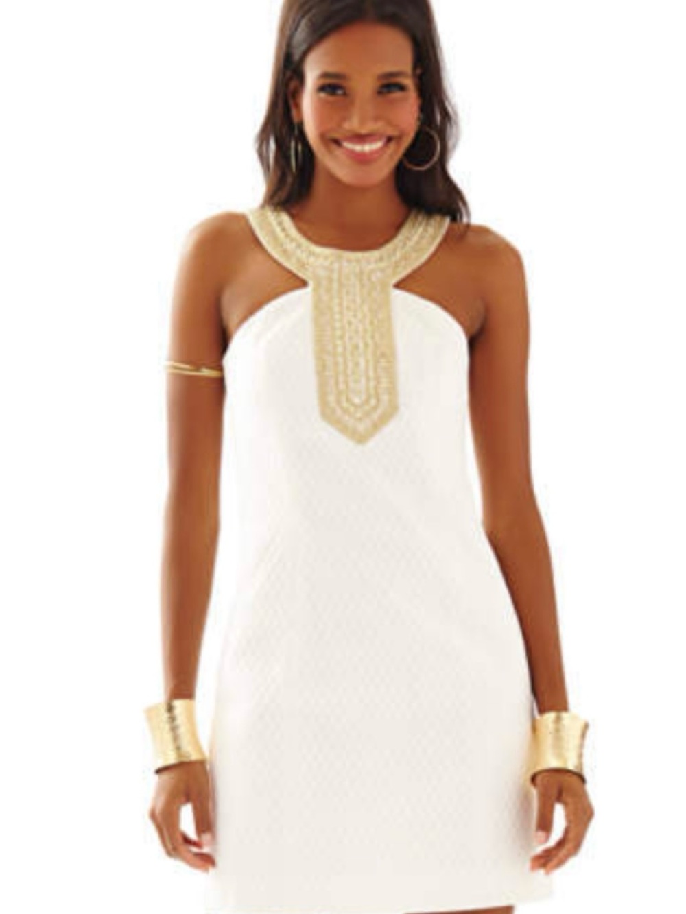 Lilly Pulitzer White Shift Dress with Gold Beaded Trim, NWT, 4